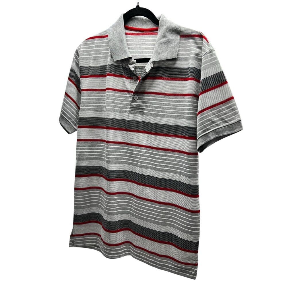 Red Rhino Men's Size Small Gray, White & Red Striped Polo Shirt
